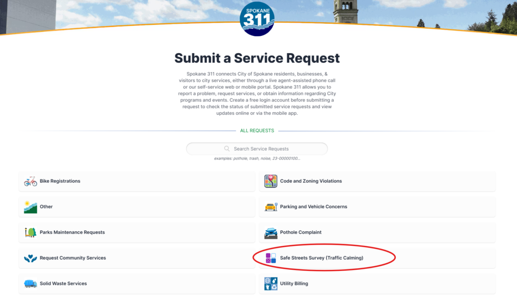 Screenshot of the City of Spokane 311 portal where residents can submit traffic concerns.